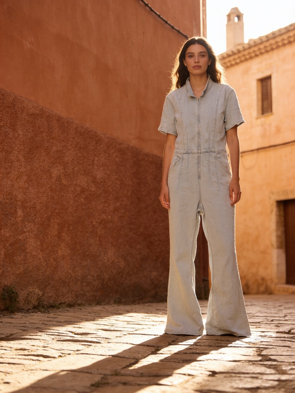 Free People light blue  Women's Short-Sleeve Denim Jumpsuit